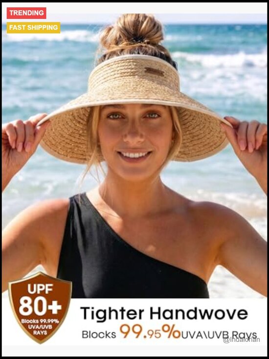 Wide Brim Straw Sun Hat with Ponytail Opening Packable UPF 80+ main image 5